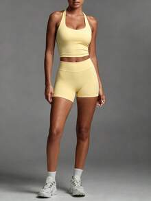Women's 2 Pieces Athletic Casual Set, Halter V-Neck Backless Cropped Tank Top, Elastic Basic Leggings & Sports Shorts, Suitable For Yoga, Training, Gym, Daily Wear - Light Yellow - View 7