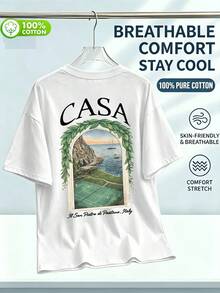 ChristmasCASA Vintage Serif Lettering With Green Leaves And Bay Window Print, Full Positano Coast Golf Course Sea View Design, Hot Item - White - View 3