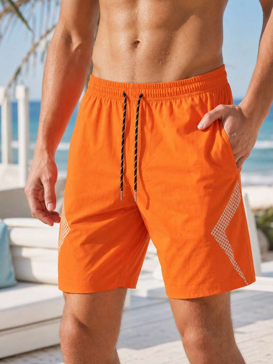 男士百搭時尚印花設計運動短褲,適合運動穿著 - 橘色 - 查看 1