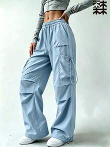 mulinsen Women's Drawstring Waist Cargo Pants, Casual Wide Leg Multi-Pocket Parachute Pants, Loose Street Style Tapered Leg Long Pants - Blue - View 4