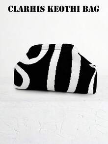 Ladies Contrast Geometric Stripe Knitted Evening Bag, Compact Lightweight Textured Hand Purse Matching Modern Minimalist Outfits - White - View 1