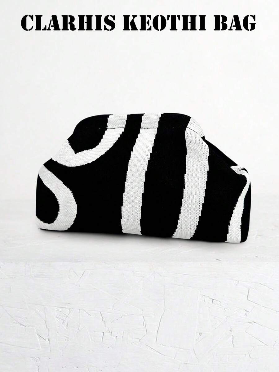 Ladies Contrast Geometric Stripe Knitted Evening Bag, Compact Lightweight Textured Hand Purse Matching Modern Minimalist Outfits - White - View 1