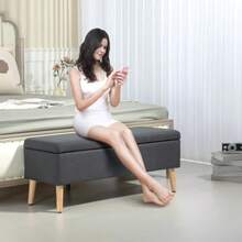Upholstered Storage Bench, Linen-Look Bed Bench, Rubberwood, 110 X 39 X 45 Cm, Dark Grey - 深灰色 - 查看 2