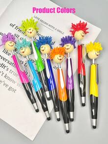 1pc 2-In-1 Colorful Fuzzy Smiling Face Doll Head Touchscreen Ballpoint Pen, 1.0mm Bullet Tip Clickable Switch Between Touchscreen And Ballpoint, Cute Cartoon Mop Head Doll Office Signing Pen (2 Styles Randomly Sent) - Multicolor - View 6