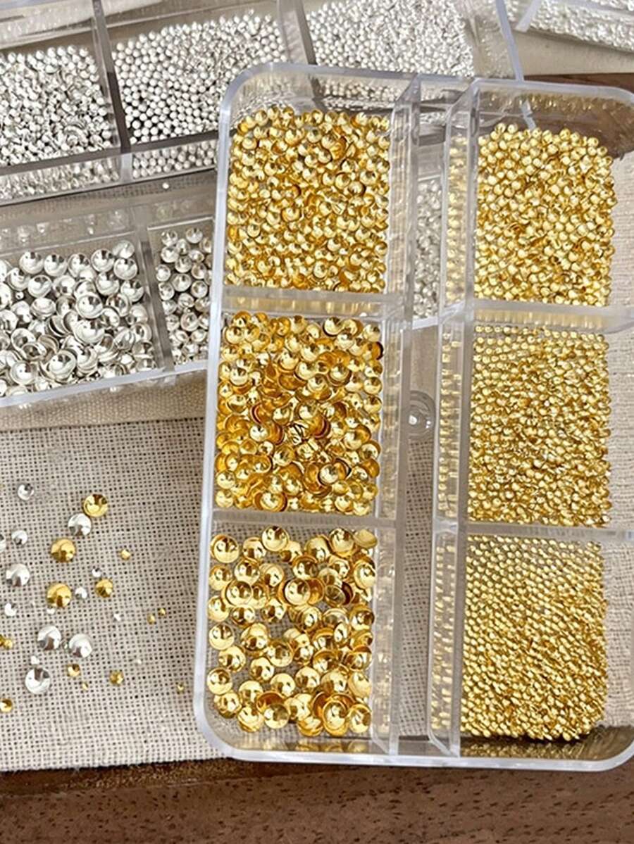 6-Grid Long Strip Box, Simple And Cute, Versatile Style, Gold And Silver Round Rivet Nail Decorations, Beauty Accessories, DIY Decorations, Square Nail Decorations, Pointed Long Nail Decorations, Summer Nail Decorations - Multicolor - View 1