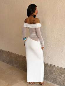 Women's Summer White Valentine Dress, Off-Shoulder Mesh Sheer Ruched Maxi Dress, Elegant For Formal Parties, Dates & Beach Wedding Party Fall - White - View 7