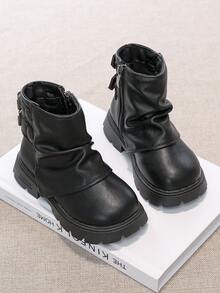 Children's Vintage Ruched Stacked Ankle Boots, Side Zipper Soft Leather Non-Slip Fashion Boots - Black - View 3