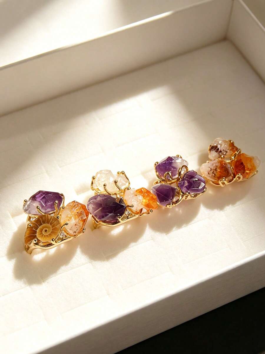 (Natural Stone And Conch Shape Color Random) 1pc Fashion Elegant Natural Stone Amethyst Citrine Conch Women's Gold Copper Material Ring (Suitable For Casual Gift Daily Wear) - Style 1 - View 1