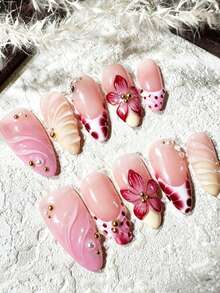 Handmade 3D Flower Diamond Pearl Sequin Round Fake Nails For Women, Medium Length Nail Patches - 粉色 - 查看 2