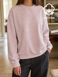 Women's Autumn Long Sleeve Crew Neck Cotton Pullover Sweatshirt, Ribbed Knit Regular Hem Casual Top - Pink - View 2