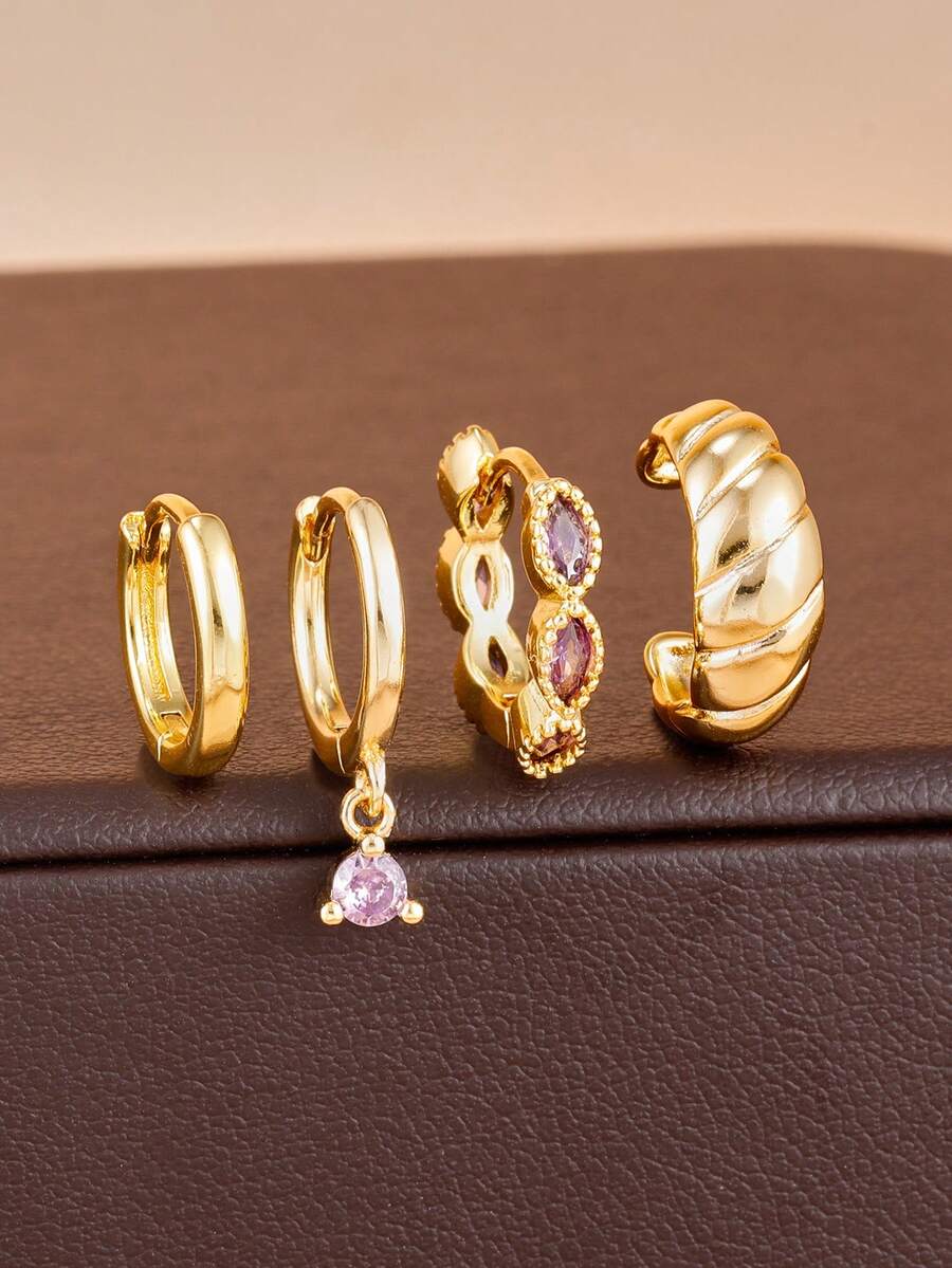 4PCS Purple Cubic Zirconia Drop Earrings Set For Women 18K Gold Plated Texture Smooth Clip Hoop Earrings Jewelry Gift - Gold 4-4pcs - View 1