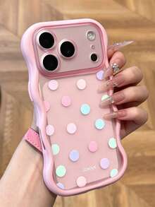 Y2K Cute Full Screen Colorful Polka Dot Semi-Transparent Matte Soft Phone Case, Compatible With IPhone 18 Pro Max 17 Pro Max 17 Pro 17 16 Pro Max 16 Pro 16 15 Pro Max 15 Pro 14 Pro Max 14 Pro 13, Fashionable Cute Camera Protection Wavy Edge Shockproof Soft Back Cover Gift - Pink - View 3
