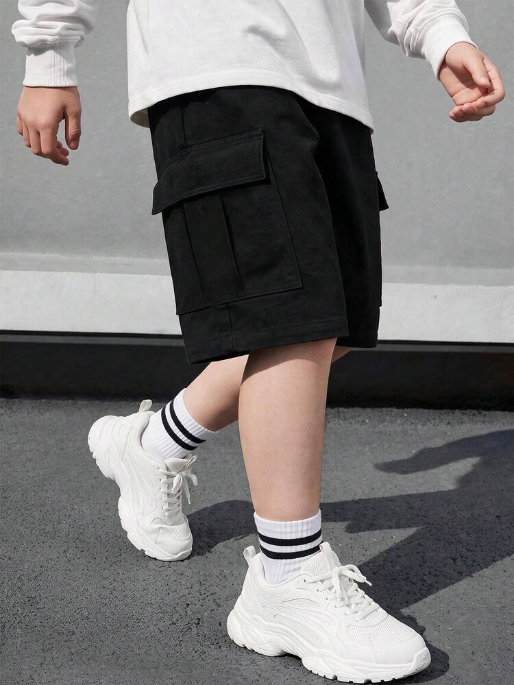 1件装 男童时尚休闲工装短裤，带大口袋，宽松舒适版型 儿童百慕大短裤 - 黑色 - 查看 9