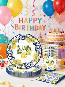 Set Perlengkapan Pesta Tema Lemon 10/50pcs - Dekorasi Pesta Tema Lemon, Termasuk Piring Bermotif Lemon Kuning, Piring Kertas 7 Inch/9 Inch, Serbet, Gelas Kertas 9oz, Peralatan Makan Pesta Sekali Pakai Dekorasi Buah Lemon Musim Panas (10 Porsi) - MultiWarna - View 6