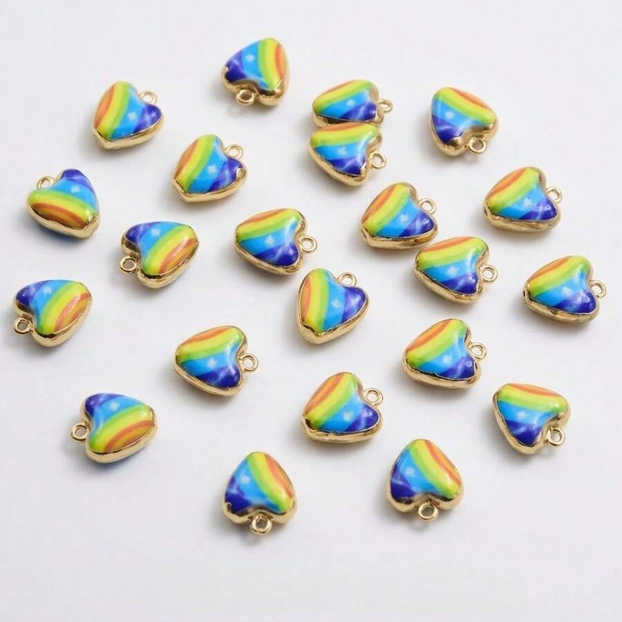 5 buah Manik Liontin Hati Bergaris Pelangi dengan Bingkai Emas, Hati Gradien Minyak Tetes, Cocok untuk Gelang, Kalung, Anting, dan Aksesoris Pembuatan Perhiasan Buatan Tangan Lainnya dengan Berbagai Tema - pelangi - View 1