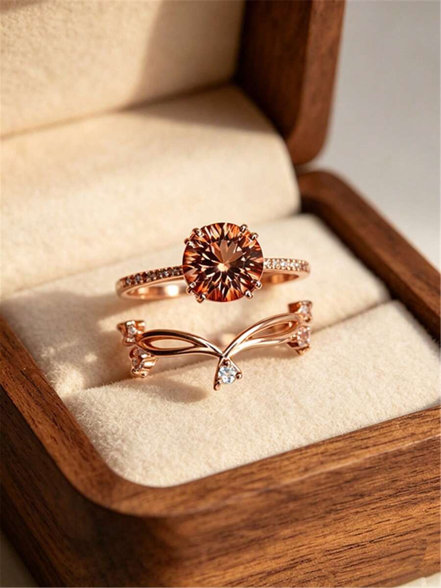 2pcs Women's Wedding Rings, Fashion Luxury Style Alloy Inlaid Cubic Zirconia Rings, Suitable For Daily Wear, Party, Date, Gift For Mother's Day, Best Gift For Family Or Friends - Rose Gold - View 1