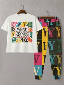 Plus Size Men's 2 Pieces Set, Men's Long Pants, Graphic T-Shirt, Streetwear Series "Colorful Retro Letter Slogan Colorblock Print" Pattern Outfit - Polyester Fabric, Drawstring, Pockets, Suitable For Plus Size Body - Multicolor - View 2