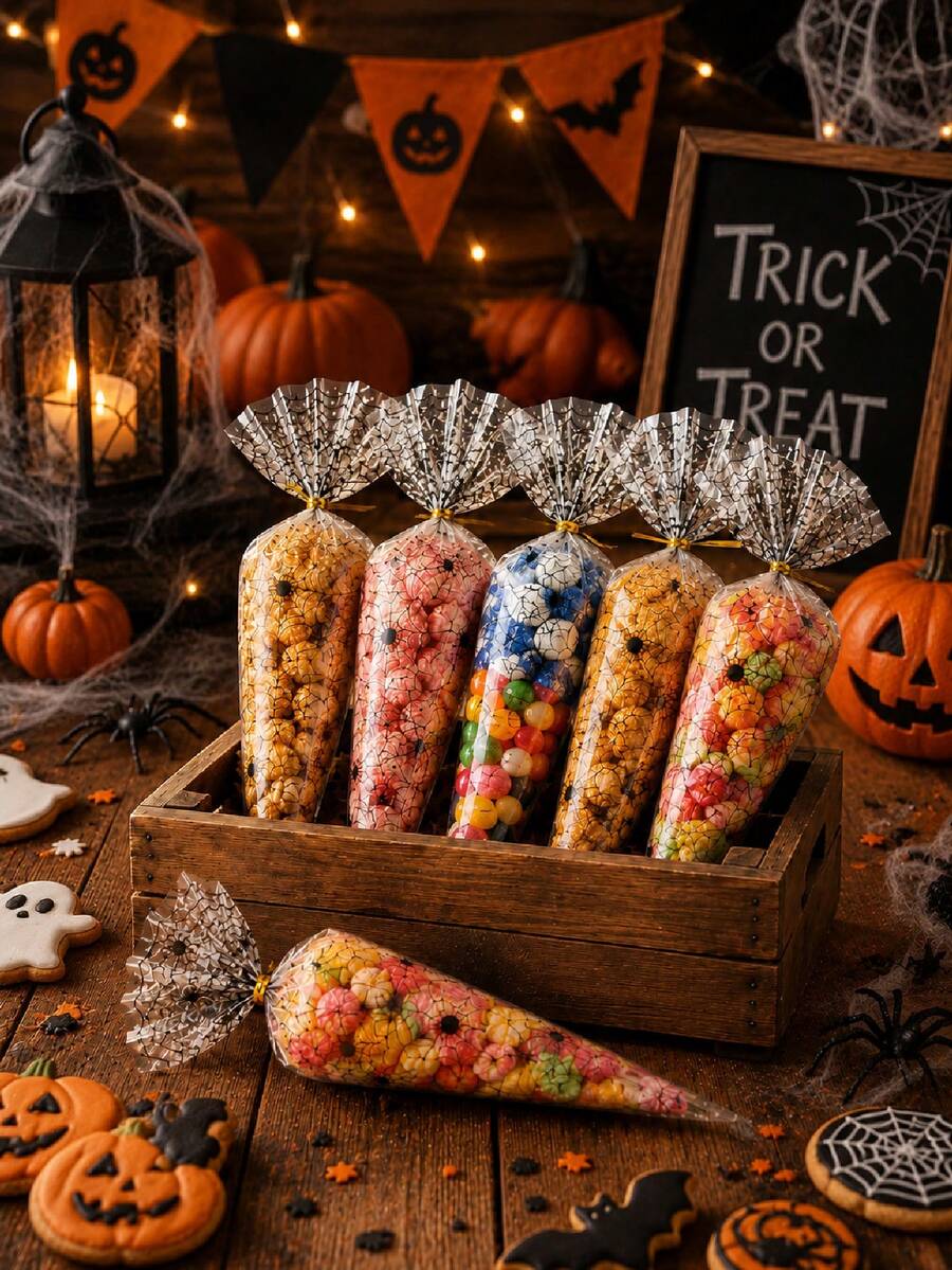 Halloween Spider Web Triangle Transparent Bag, Printed With Black Spider Web And Spider Pattern, Perfect For Halloween Party Decoration And "Trick Or Treat" Decoration; Reusable Bag