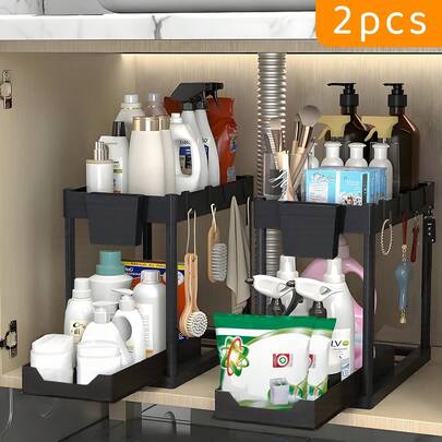 2-Tier Storage Organizer,2-Tier Sliding Cabinet Basket With Hooks,Multi-Purpose Plastic Storage Drawer For Cleaning Supplies,Towels,And Utensils,Kitchen Storage,Versatile Storage Solution,Easy Maintenance Material,Under Sink Organizers And Storage