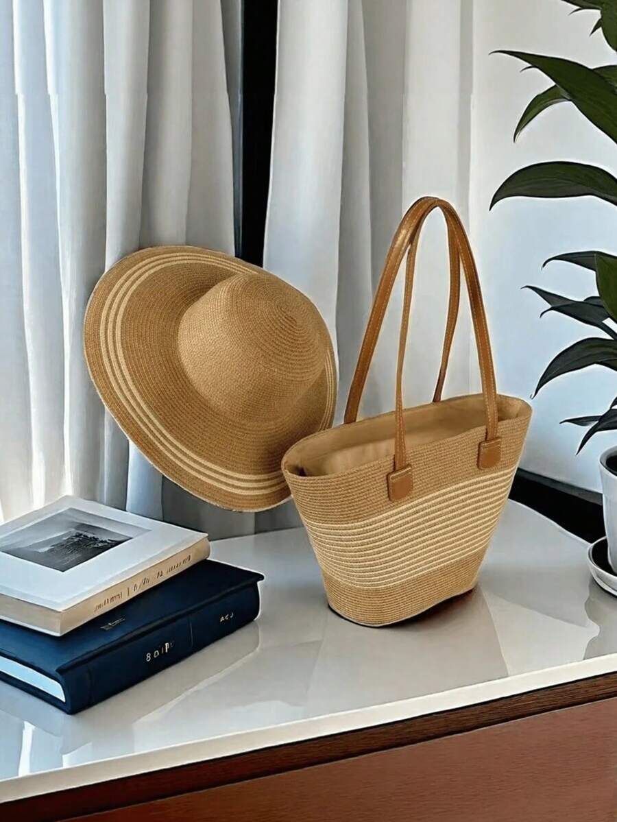 Straw Hat + Straw Bag Set, Women's Casual Vacation Outfit, Includes Straw Handbag And Wide-Brim Straw Hat, New Straw Sun Hat And Straw Shoulder Bag, Beach Handbag, Suitable For Summer Outdoor Travel And Vacation - Beige - View 1