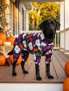 1PC Halloween Dog Shedding Hair Control Pajamas - Warm High Stretch Full Coverage Pet Rompers, Anti Licking & Bug Protective Jumpsuit For Small Medium Large Dogs, Halloween All Over Printing Dog Clothes - Cute Halloween Ghost And Letter Pattern - Multicolor - View 8