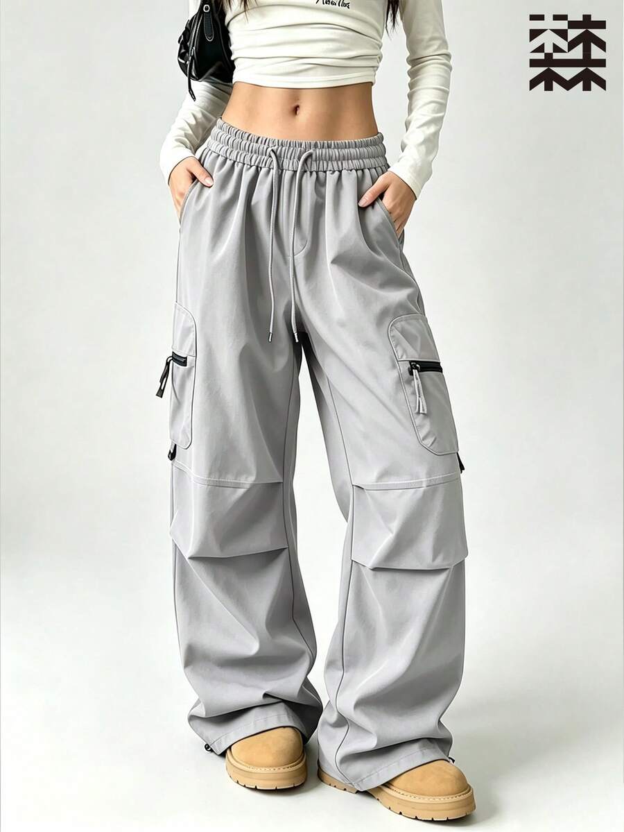 mulinsen Women's Drawstring Waist Cargo Pants, Casual Loose Streetwear Techwear Style Long Pants - Light Grey - View 1