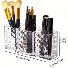 1pc 3-Compartment Transparent Plastic Desktop Storage Box - Diamond Edge Design, Durable Rectangular Makeup Brush, Stationery And Office Supplies Organizer, Fashionable Transparent Material, Aesthetic Office Accessory Storage, Suitable For Home, Office, School And Other Occasions, Home Storage - Clear - View 3