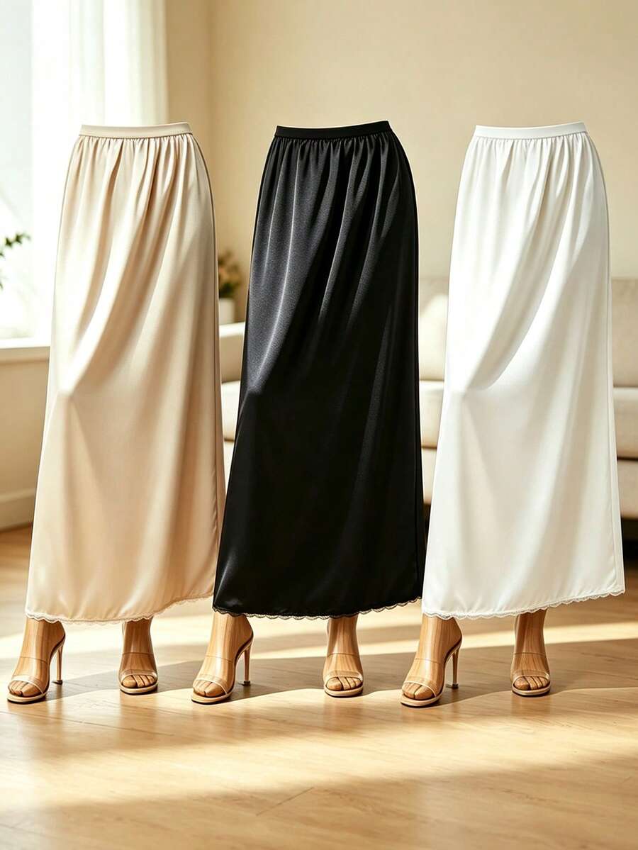 Silky Soft Versatile Anti-Exposure A-Line Mid-Length Satin Skirt With Lace And Horseface Lining For Women - Multicolor - View 1