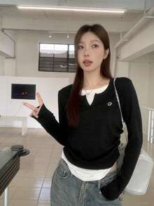Women's Autumn/Winter Design Contrast Color 2 In 1 Long Sleeve T-Shirt - Black - View 6