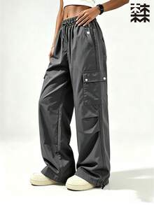 mulinsen Women's Elastic Waist Multi-Pocket Cargo Pants, Loose Wide Leg Drawstring Hem Casual Streetwear Long Pants - Dark Grey - View 1