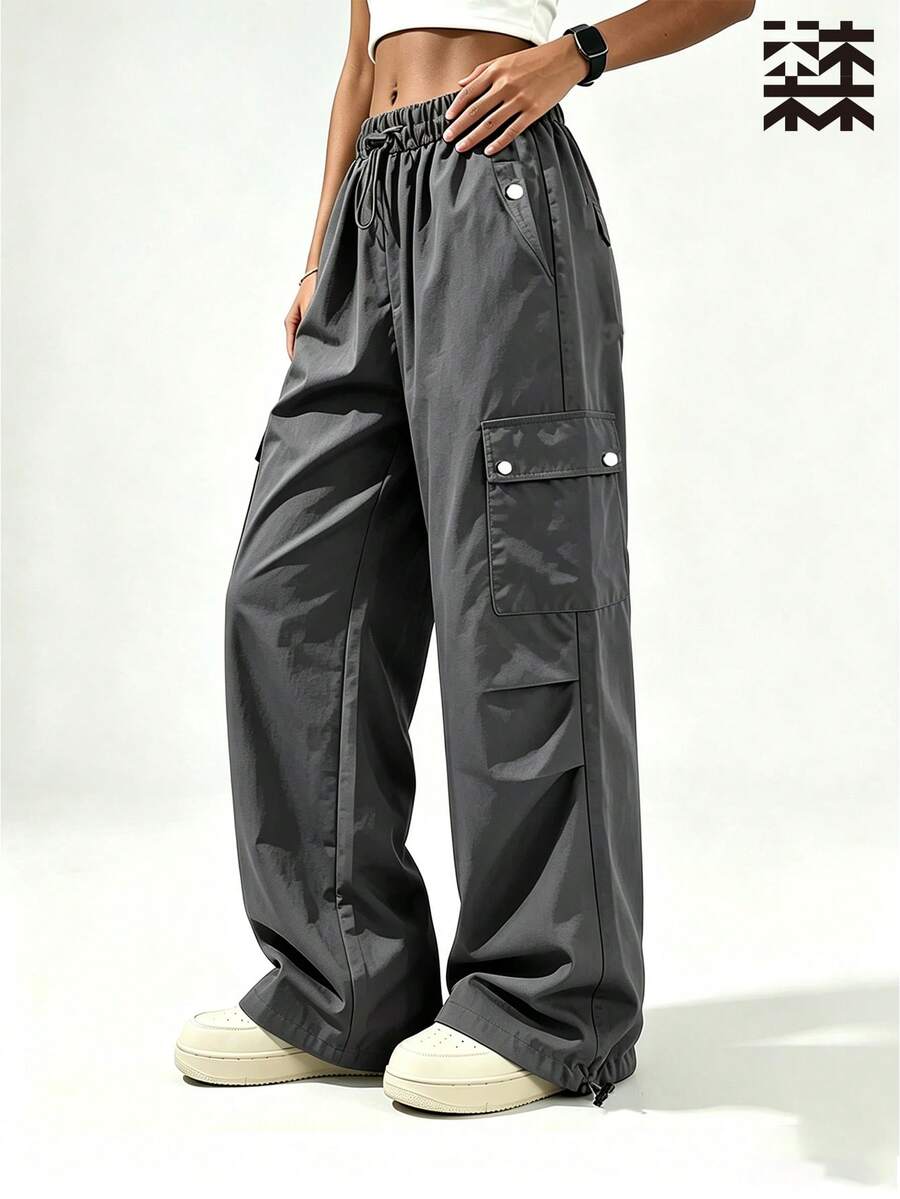mulinsen Women's Elastic Waist Multi-Pocket Cargo Pants, Loose Wide Leg Drawstring Hem Casual Streetwear Long Pants - Dark Grey - View 1