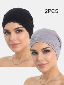 2pcs Lace Trim Bonnet Muslim Headscarf Sleep Cap Headwrap Maternity Cap Suitable For Daily Use - Multicolor - View 4