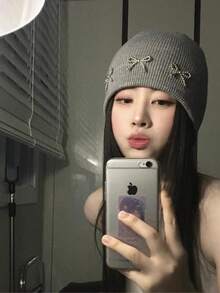 1PC Women's Knit Hat With Pearl Bow, Versatile Head Wrap Pull-On Beanie, Face Slimming Knitted Cap For Large Head Circumference - Multicolor - View 2