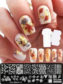 Autumn Maple Leaves Nail Art Stamping Plate With Stamper & Scrapper Leaf Mushroom Apple Pattern Designs Drawing Template For Nail Charming DIY Geometric Nails Stencil Templates Transfer Printing Mold Manicure Tools - Silver - View 1