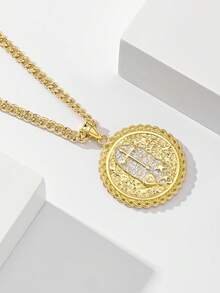 1pc 14K Gold Plated Copper Dual-Color Lace Cross Heart Star Round Pendant Necklace, Wavy Lace Hammered Silver Base Cross Gold Heart Five-Pointed Star Embossed Design With Cuban Chain, Suitable For Christmas/Thanksgiving/Halloween/Mother's Day/Valentine's Day Couples/Friends/Fellow Believers Gifts, Catholic First Communion, Gifts, Daily Holiday Wear And Prayer - Yellow Gold - View 8