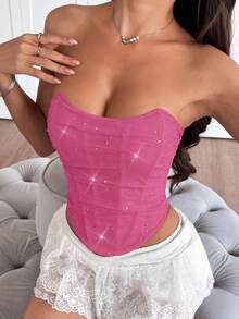 Áo bustier ôm sát ApperlothPOP màu hồng fuchsia phong cách Sweet Hot Girl, có gọng nâng đỡ, thiết kế đục lỗ, đính đá rhinestone, gấu cong, áo bandeau, trang phục hẹn hò đi concert, phối đồ dopamine hàng ngày - Màu Hồng Tươi - Xem 3