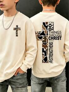Big Boys Cross Pattern Print Crew Neck Sweatshirt, Comfortable Autumn/Winter Top - Apricot - View 1