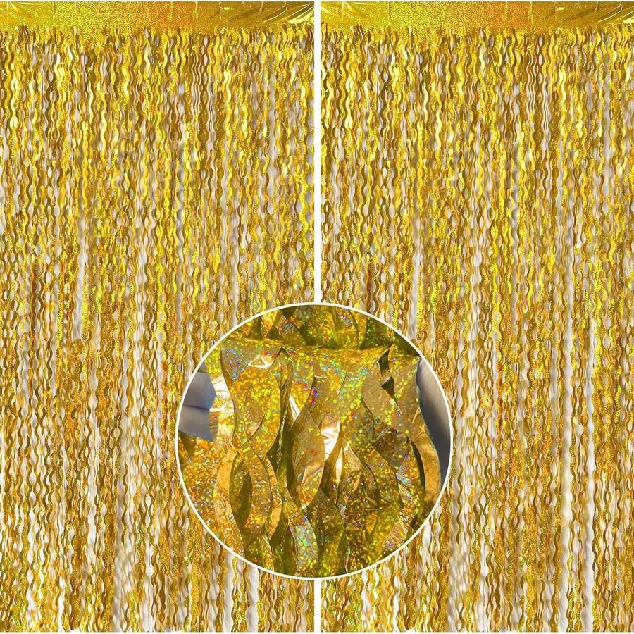 2pcs/1set Gold Foil Wave Fringe Curtain Backdrop, Metallic Foil Party Background Decoration 3.3 X 6.6 Ft, Suitable For Party, Birthday Party Door Curtain, Photo Backdrop, Party Decoration - Champagne Gold - View 1
