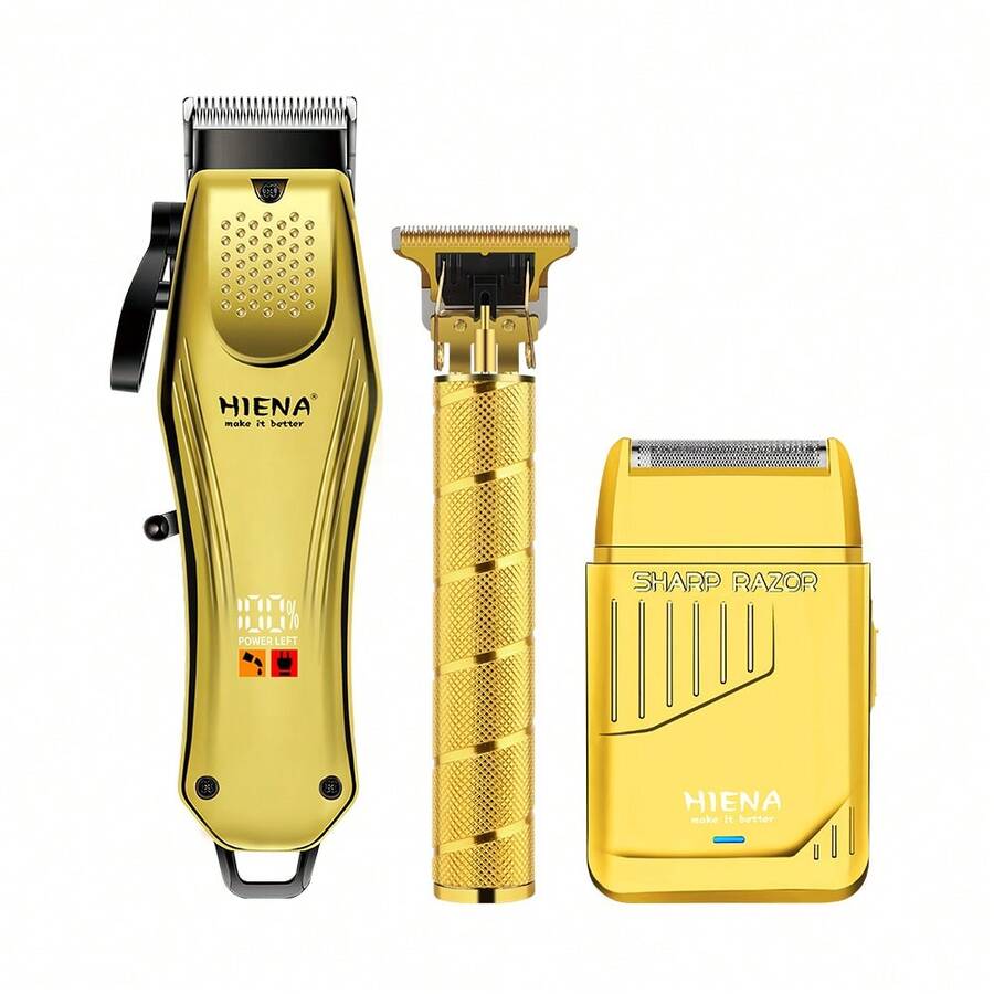 HIENA 3-In-1 Gold Hair Clipper & Grooming Set, LCD Display USB Rechargeable Hair Clipper, Zero Gap T-Blade Trimmer And Foil Electric Shaver, 8 Guide Combs Full Salon Accessories, Suitable For Fade Haircut, Bald Head, Beard Shaving, Men's Gift - Gold - View 1