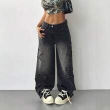 Women High Waist Star Patch Raw Edge Wide Leg Jeans, Black Gray Gradient Floor Length Straight Denim Pants, Y2K Street Casual Long Trousers - Grey - View 3