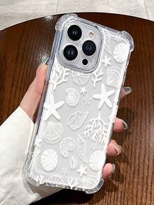 1 pièce Coque de téléphone antichoc à coussin d'air aux quatre coins, motif de lignes blanches, coquillage, étoile de mer, corail, design océan, matériau transparent, design anti-chute, coque de protection en TPU, cadre surélevé pour l'objectif de l'appareil photo, compatible avec iPhone 11, 12, 13, 14, 15, 16, 17 Pro Max, coque de téléphone style plage d'été, convient aux femmes et aux filles, compatible avec Galaxy, Honor, téléphones - Transparent - Voir 8