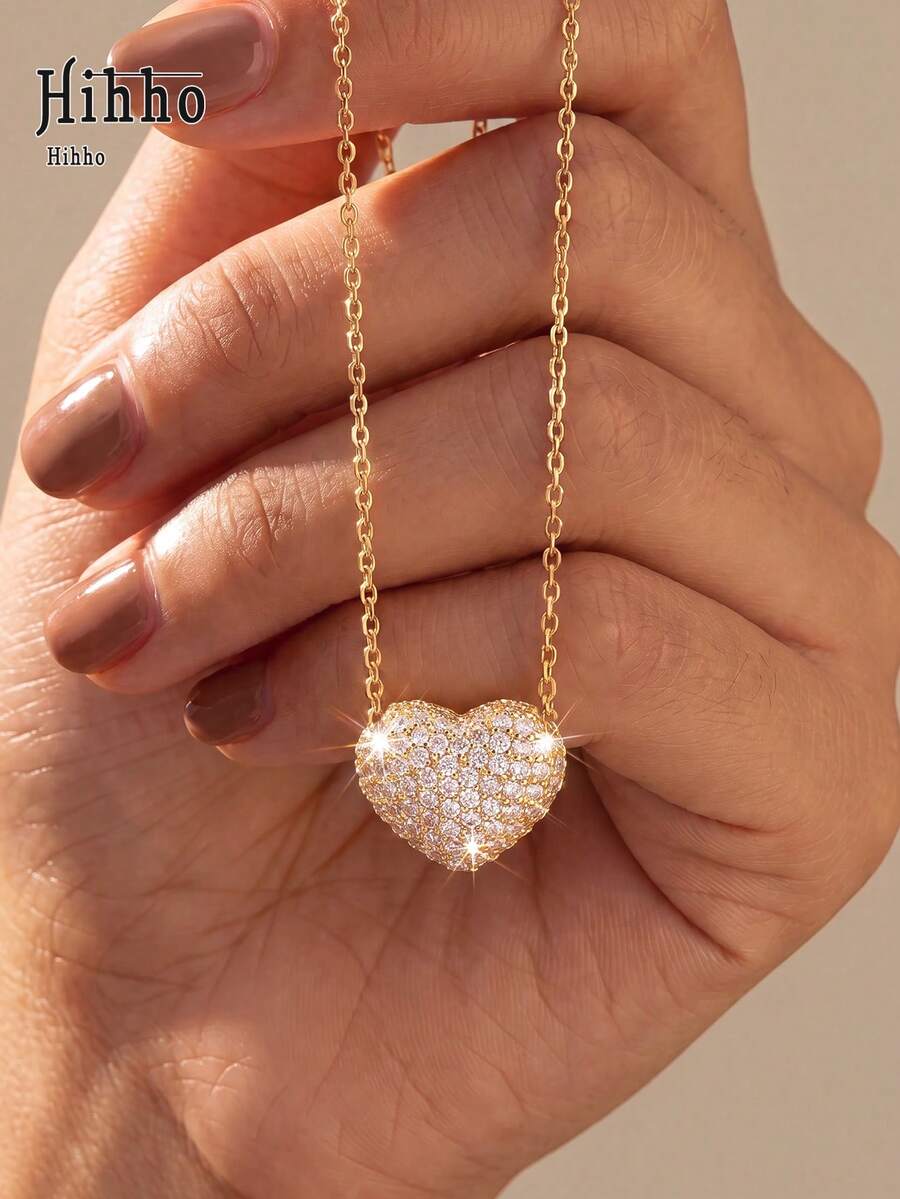 Hihho 1pc Heart-Shaped Necklace With Zirconia Inlay, Valentine's Day, Mom, Mother, Mother's Day, Halloween Gift - Love - View 1