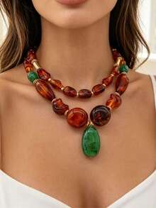 1pc Or More Fashionable Elegant Bohemian Multi-Color Plastic Handmade DIY Beaded Large Pendant Necklace, Multiple Styles Available, Suitable For Women Jewelry Layering Necklace, All Season Beach Vacation Party Necklace, Plastic Pattern Unique On Each Bead, Resin Injection Mold Mark Is Normal - Multicolor - View 20