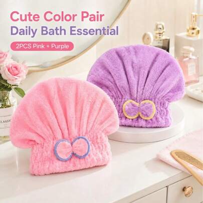 2pcs Bowknot Hair Drying Towel Cap, Coral Fleece Soft Absorbent Shower Cap For Home Travel