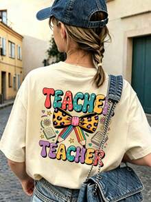 Mädchen Schulanfang lockeres Kurzarm T-Shirt, Leopardenmuster Schleife Bleistift Buch doppelseitige Grafik, lässiger Campus-Stil - Aprikosenfarben - Übersicht 1