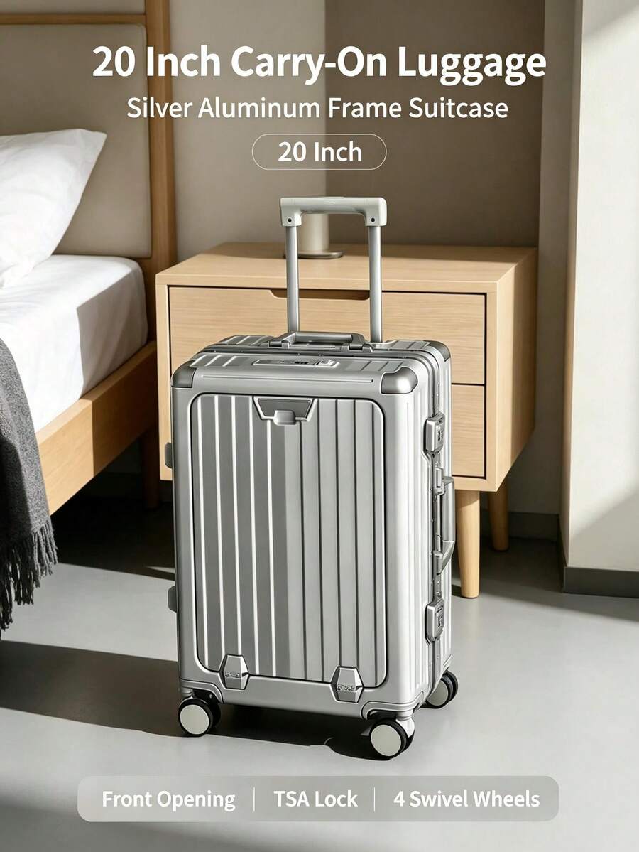 20 Inch Aluminum Frame Business Laptop Carry On Suitcase TSA Lock Universal Wheel Multi Color Travel Luggage Holiday Gift. - Silver - View 1