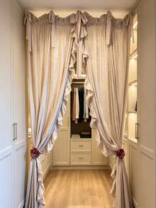 1PC New American Vintage Khaki Linen Floor-Length Curtain With Tie-Up Bow Header And Side Ruffle Edge, French Country Bedroom Blackout Fabric Curtain, Soft Furnishing Fabric Weight 180g/Sqm (Tie-Backs Not Included) - 1PC - View 8