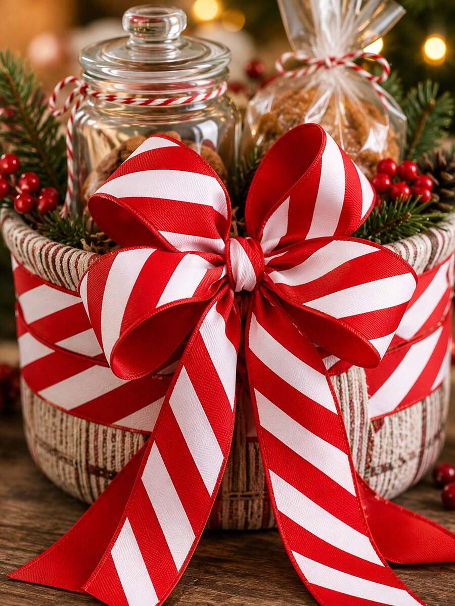 Red And White Striped Christmas Wire Ribbon, Christmas Decoration, Christmas Party Supplies, Room Decor, Christmas Home Decor, Window Seasonal Display, Christmas Tree Decoration, Bow Decoration, Stair Railing Decoration, Gift Box Packaging Ribbon