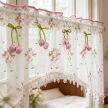 1PC New Pink Embroidered Small Flower Christmas Holiday Decorative Short Curtain, Translucent Kitchen Cafe Curtain With Rod Pocket Design, Fresh Style Finished Rod Pocket Curtain - Pink - View 1