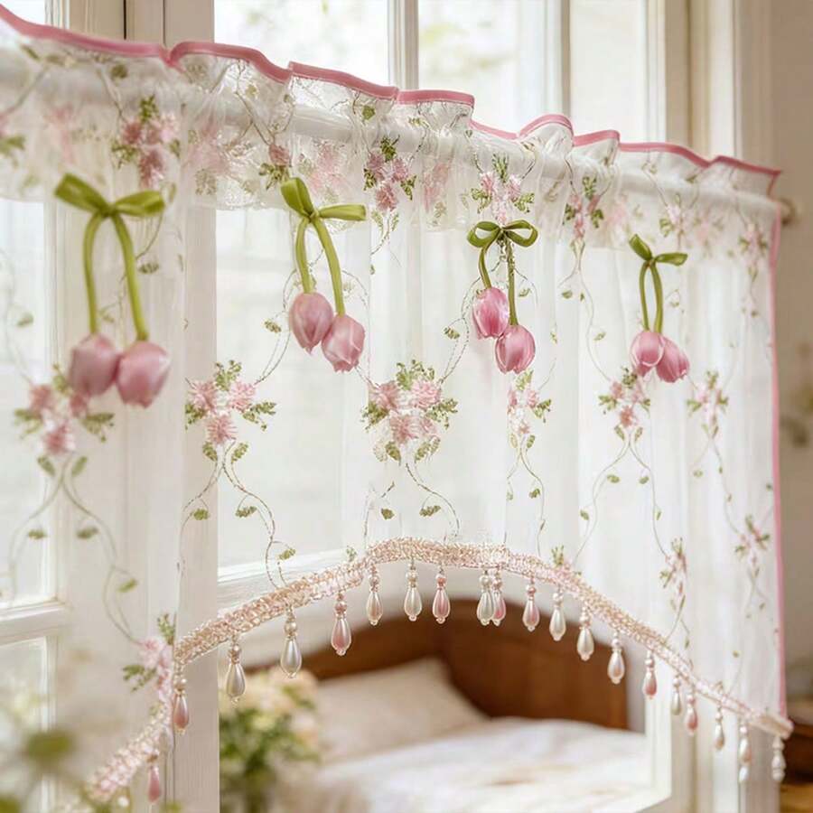 1PC New Pink Embroidered Small Flower Christmas Holiday Decorative Short Curtain, Translucent Kitchen Cafe Curtain With Rod Pocket Design, Fresh Style Finished Rod Pocket Curtain - Pink - View 1